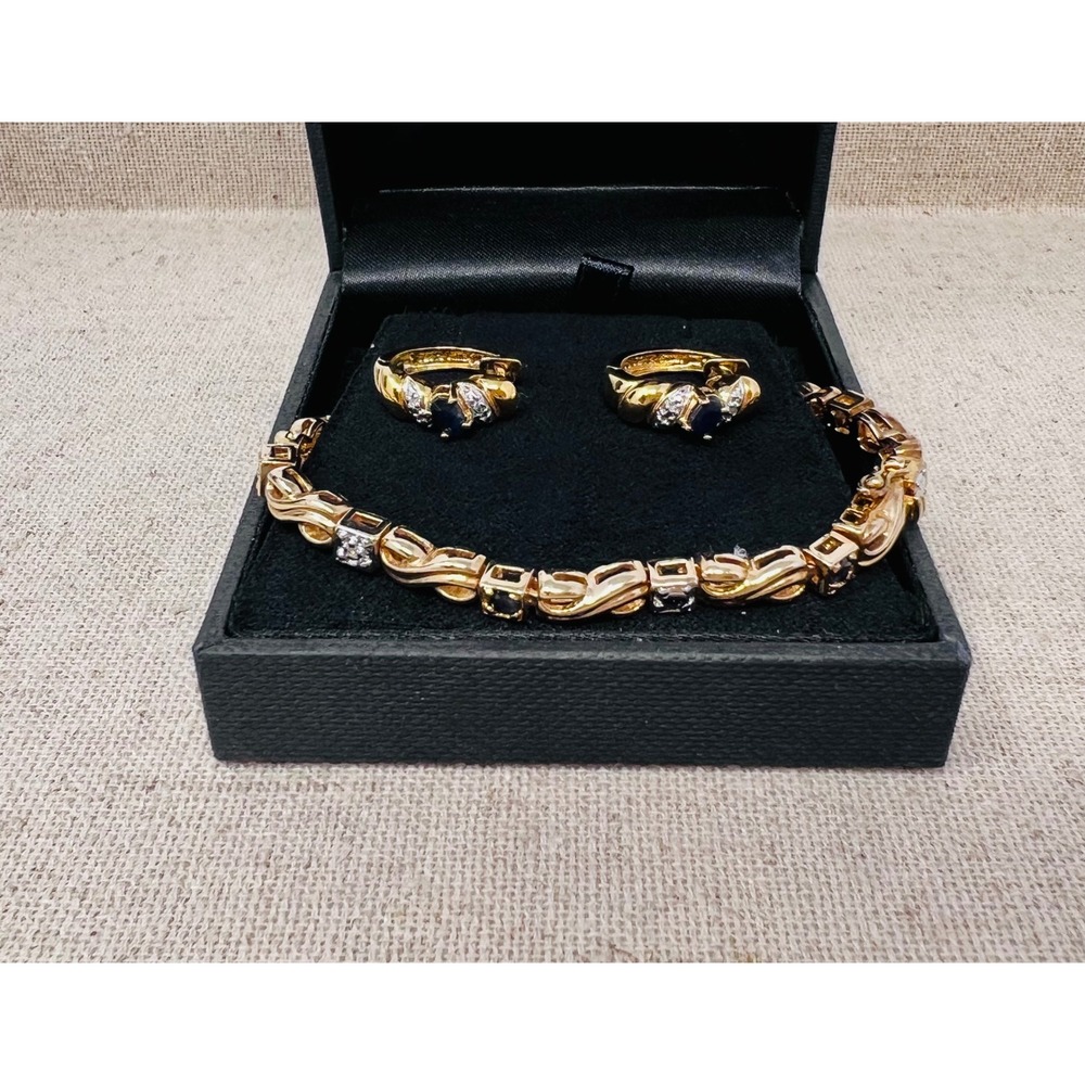 Sterling Silver Gold Tone Sapphire and Diamond Accent Bracelet Earring Set